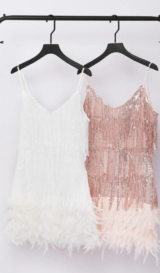 CHAMPAGNE TASSEL FEATHER MINI DRESS