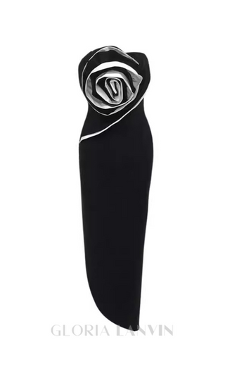 ANN STRAPLESS FLOWER DETAIL BANDAGE MAXI DRESS IN BLACK