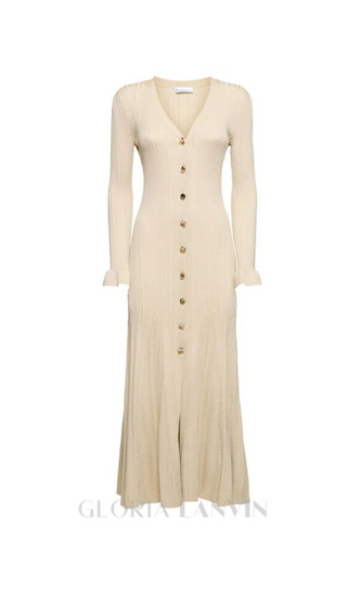 Ribbed viscose lamé midi dress in beige