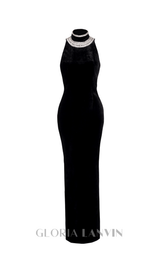 embroidered velvet halterneck maxi dress in black