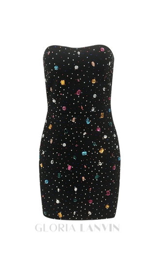 multicolor-crystal embellished black strapless mini dress