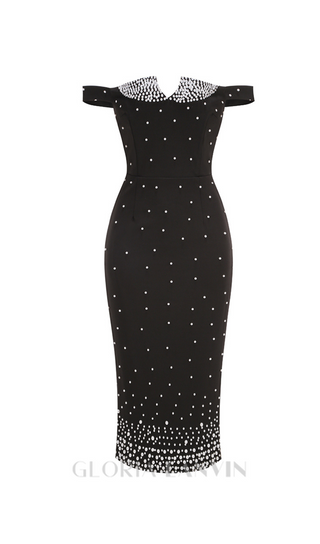 pearl polka dots embellished midi dress in black