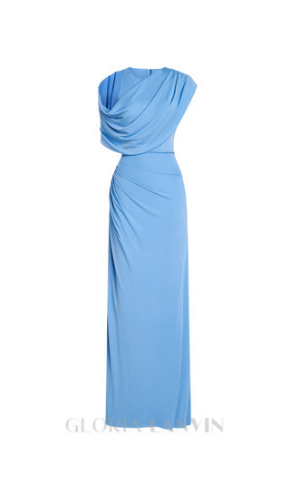 CASI SIDE-SLIT DRAPED JERSEY GOWN IN BLUE