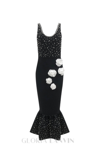 DORIS FLORAL PEARL EMBELLISHED MERMAID BLACK MAXI DRESS