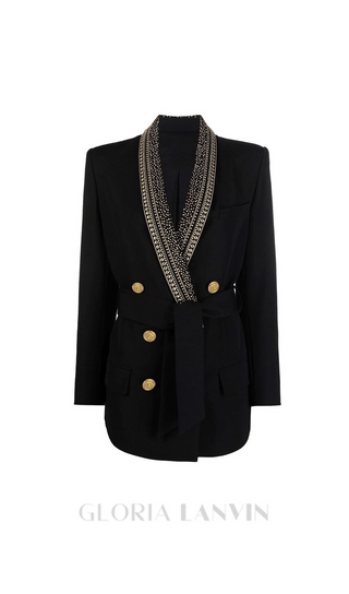 GAIL BEADED COLLAR LACE-UP DOUBLE BREASTED DRESSY BLAZER