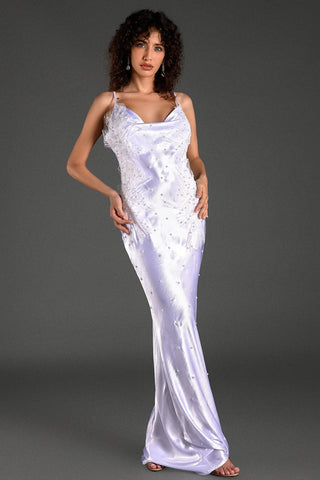 WHITE ALANIDES BEAD APPLIQUE SATIN DRESS