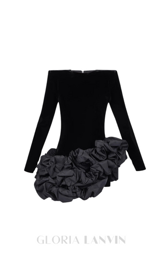 TOBEY VELVET LONG SLEEVE RUFFLE MINI DRESS IN BLACK