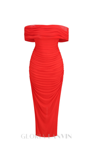 SHERRY OFF-SHOULDER TULLE BANDAGE MAXI DRESS IN RED