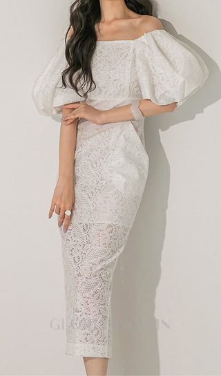 NATALIE PUFF SLEEVE OFF SHOULDER WHITE LACE MIDI DRESS