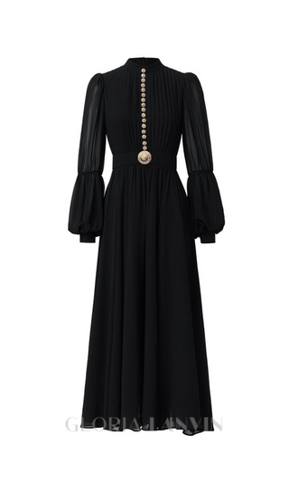 Lantern sleeve silk midi dress in black