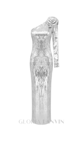 Floral-appliqué sequin gown in silver