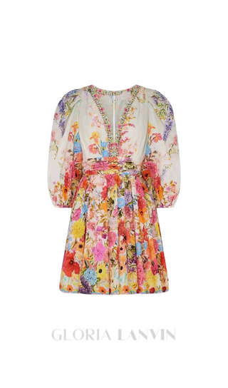 PUFF SLEEVE PRINT SILK MINI DRESS