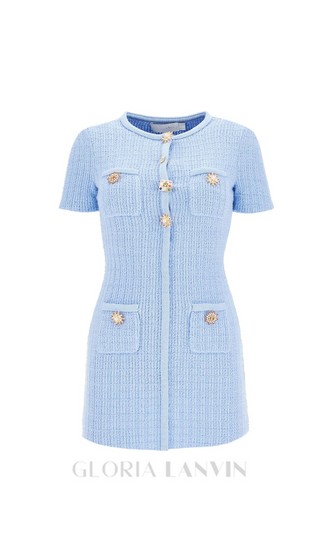 MODESTY BEADED BUTTON KNIT MINI DRESS IN BLUE