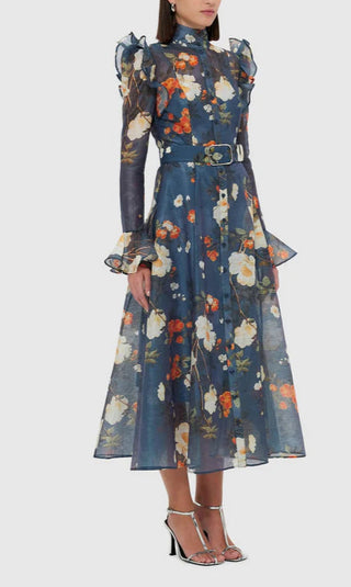 Pear Blossom Print Butterfly Sleeve Midi Dress