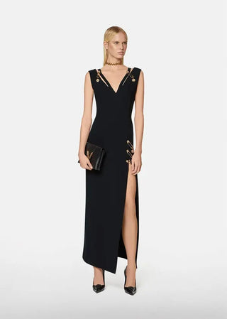 v-neck Pin-embellished maxi Dress in black