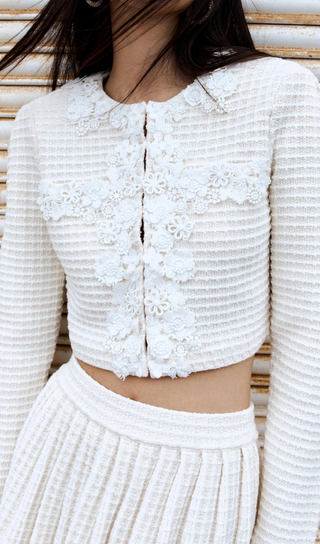 CREAM KNIT FLORAL TRIM CARDIGAN