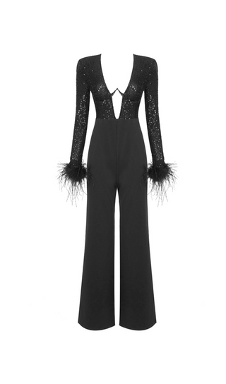 LONG SLEEVE SEQUIN FEATHER JUMPSUIT BLACK