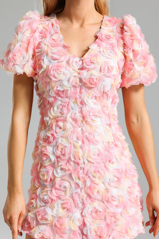 FAWN FLOWER EMBROIDERY BUTTON MINI DRESS IN PINK