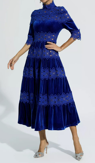 ROBE EN VELOURS CREUX PATCHWORK BLEU