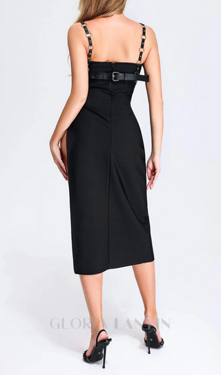 ROBE MIDI À BRETELLES EN CUIR NOIR 