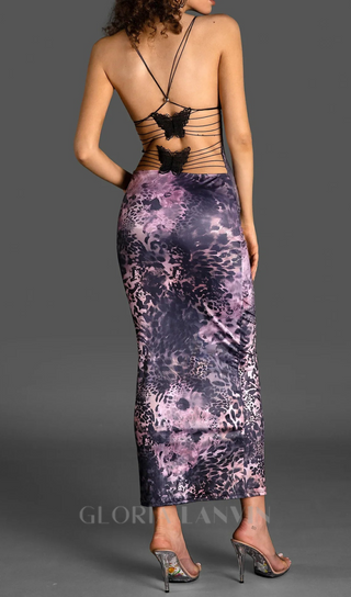 SPAGHETTI LEOPARD PRINT BACKLESS DRESS IN PURPLE