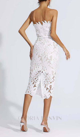 OFF-SHOULDER WHITE FLORAL LACE MIDI DRESS