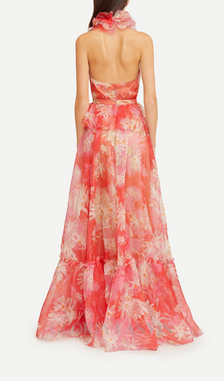 ORANGE FLORAL PRINTED SHEEVELESS HALTER MAXI DRESS