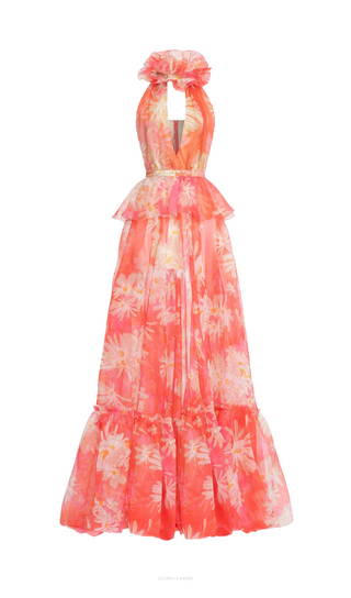 ORANGE FLORAL PRINTED SHEEVELESS HALTER MAXI DRESS