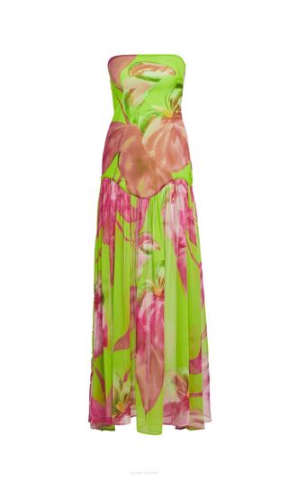 STRAPLESS SILK MAXI DRESS IN LIME ANTHURIUM