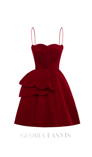 RUCHED TRIM VELVET MINI DRESS IN RUBY RED