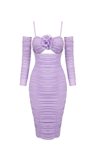 FLOWER BLOOM EMBELLISHED MIDI DRESS IN LILAC