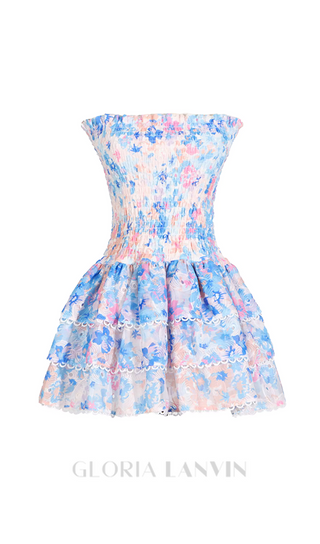 BLUE FLORAL RUCHED STRAPLESS MINI DRESS