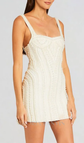 PEARL STUDDED WHITE MINI BODYCON DRESS