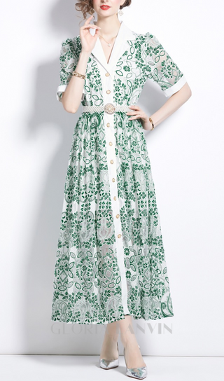 V NECK SPLICED BELTS EMBROIDERY MIDI DRESS IN GREEN