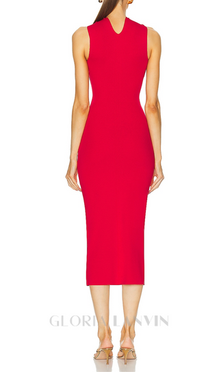 CUT OUT KNIT BANDAGE MIDI DRESS IN RED