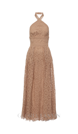 MACRAMÉ HALTERNECK COTTON-BLEND MIDI DRESS IN NUDE