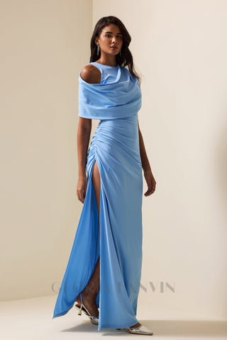 CASI SIDE-SLIT DRAPED JERSEY GOWN IN BLUE