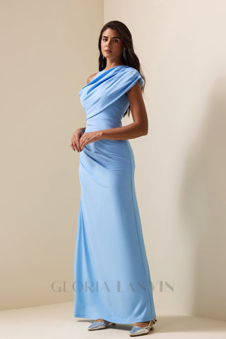 CASI SIDE-SLIT DRAPED JERSEY GOWN IN BLUE