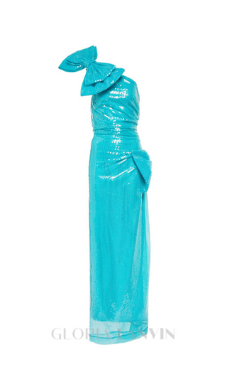 One Shoulder Bow Sequin Maxi Dress in blue