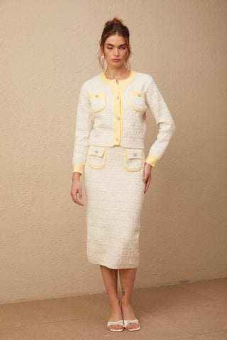 Jessie white textured knit cardigan & skirt matching set