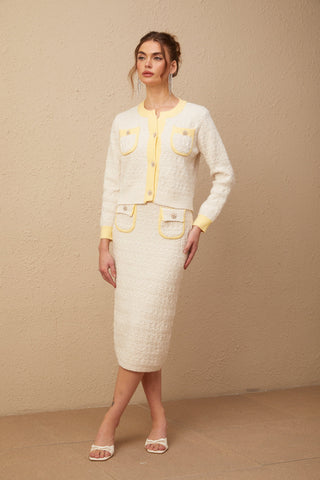 Jessie white textured knit cardigan & skirt matching set