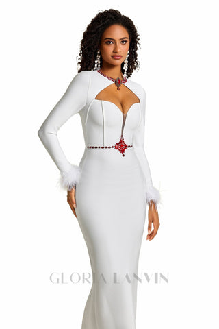 Rhinestone Cut-Out Feather Midi Dress in white