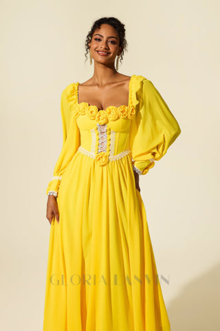 Chiffon 3D Flower Long Sleeve Midi Dress in yellow