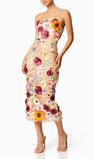 FLORAL PRINT STRAPLESS MIDI DRESS