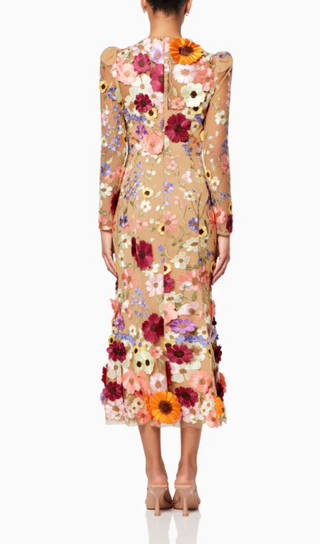 KATE LONG SLEEVE 3D FLORAL PRINT MIDI DRESS