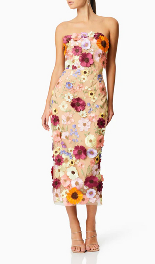 FLORAL PRINT STRAPLESS MIDI DRESS