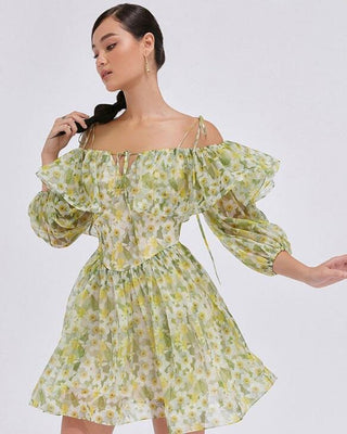 ANNA PRINTED RUFFLE TRIM MINI DRESS IN Green