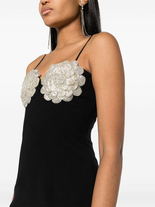 BLACK FLORAL-APPLIQUÉ CRYSTAL-EMBELLISHED MINI DRESS