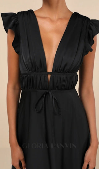 SATIN CUTOUT RUFFLED MAXI DRESS