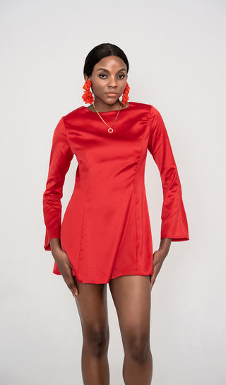 RANDA RED SATIN LONG SLEEVE MINI DRESS